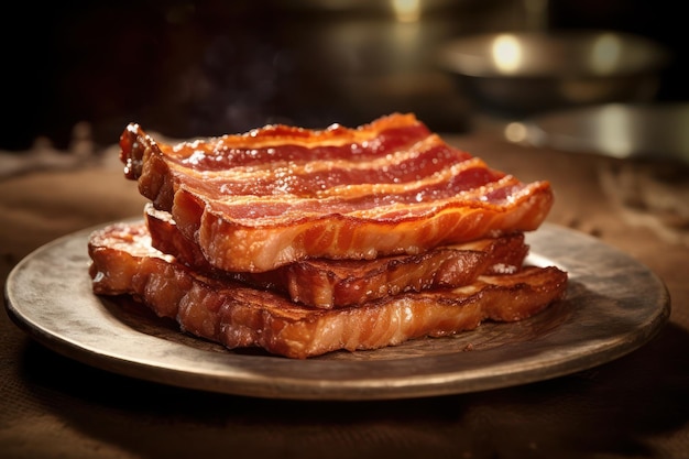 A stack of bacon on a plate