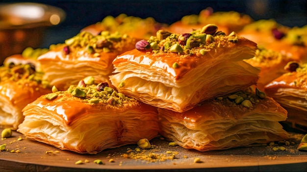 A stack of baklava with pistachios on top