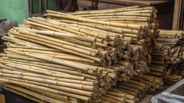 A stack of bamboo sticks is stacked on top of each other.