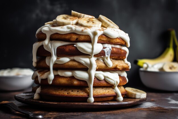Stack of banana cakes each one drizzled with creamy frosting