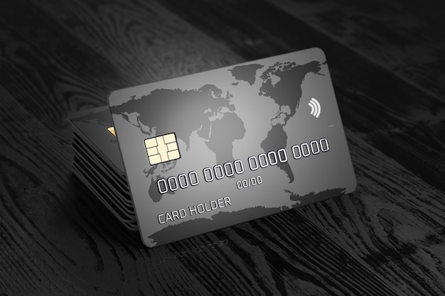 A stack of bank cards. credit card with world map on a dark wooden background. payment system. online payments. 3d render.