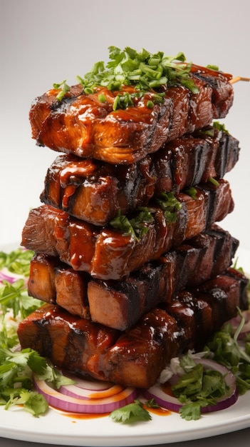 Photo a stack of barbecued pork on a white plate