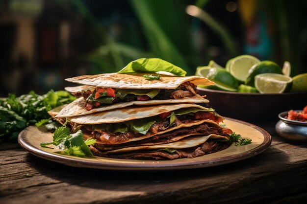 Foto una pila di quesadilla di manzo su un piatto