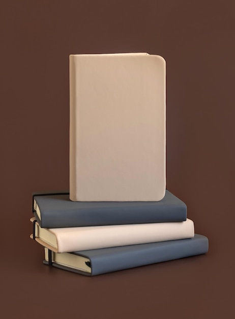 Stack of beige and grey hardcover notebooks isolated on brown closeup. Textbook mockup, planner cover with place fot text. Educational, business and organizing concept