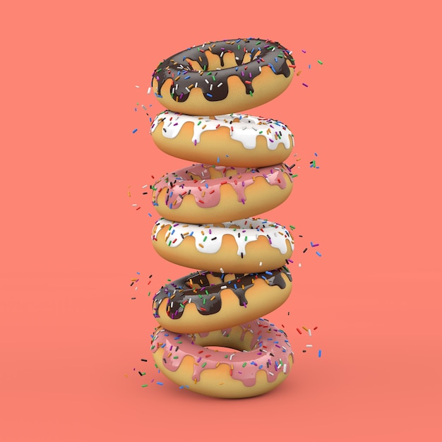 Stack of Big Strawberry Pink and Chocolate Glazed Donut with Color Sprinkles on a pink background. 3d Rendering