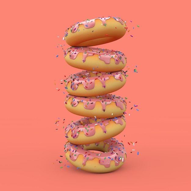 Stack of Big Strawberry Pink Glazed Donut with Color Sprinkles on a pink background. 3d Rendering