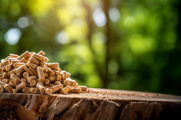 Stack of biomass wood pellets and woodpile on blurred background