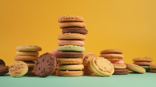 A stack of biscuits and sugar cookies with different flavors on them on a yellow background