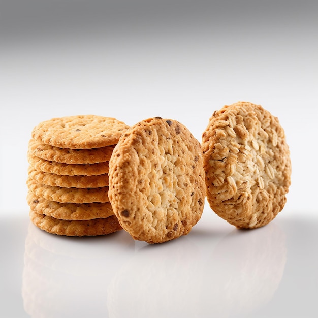 A stack of biscuits with one that says'oatmeal'on it