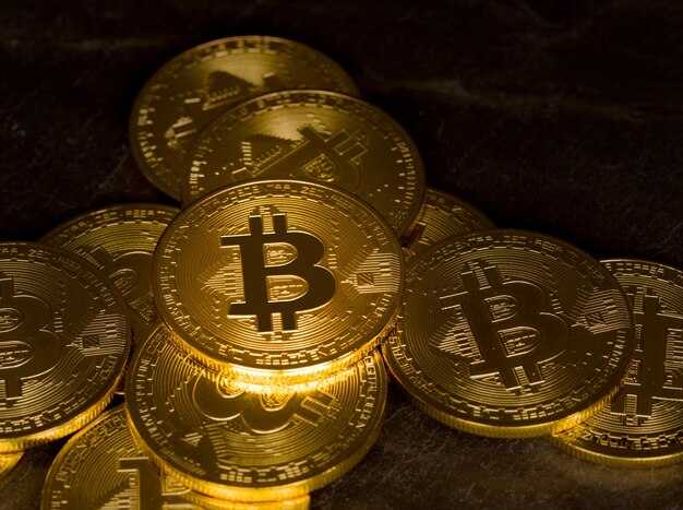 Stack of bitcoins with slate background