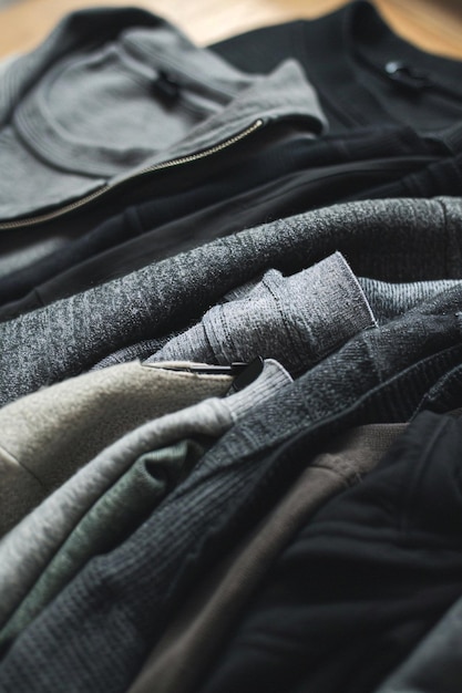 Stack of black and grey tshirts and sweaters rests on a wooden table