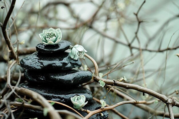 Stack of Black Rocks with Spa Flowers