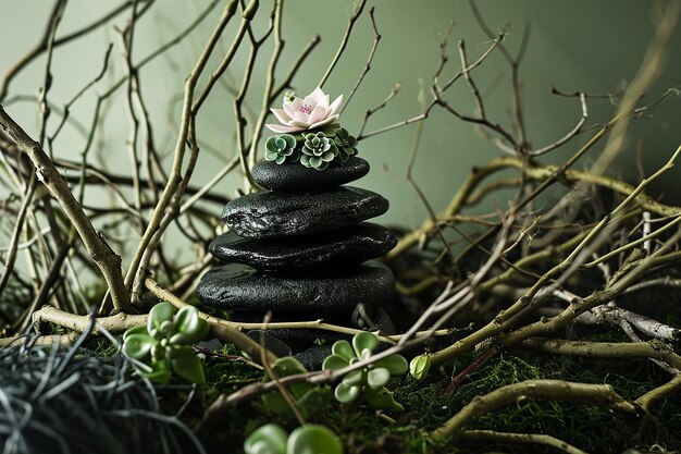 Stack of Black Rocks with Spa Flowers