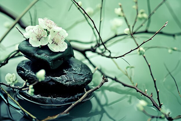 Stack of Black Rocks with Spa Flowers