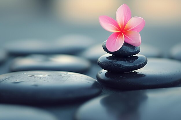 Stack of black zen stones and pink flower