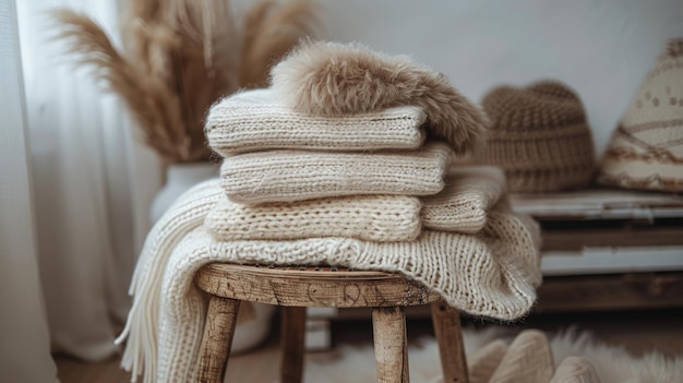 Stack of Blankets on Wooden Stool