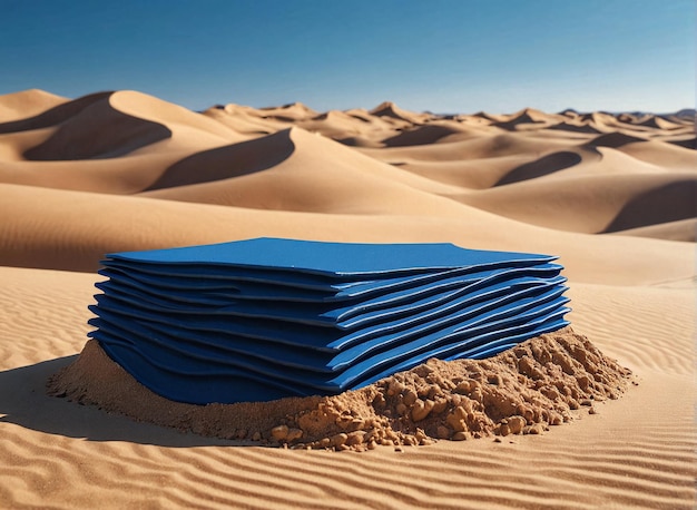 a stack of blue books on top of a sand dune