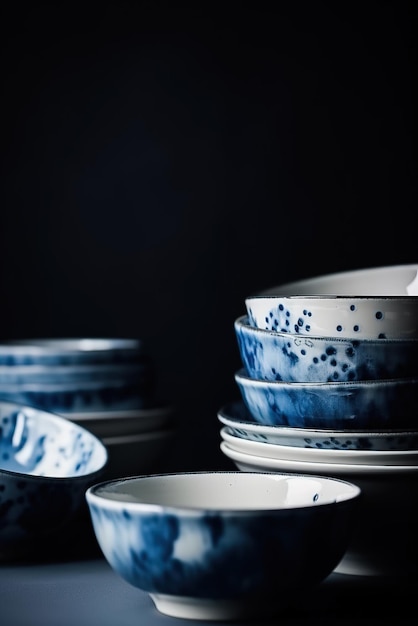 A stack of blue bowls with the word " on the side. "