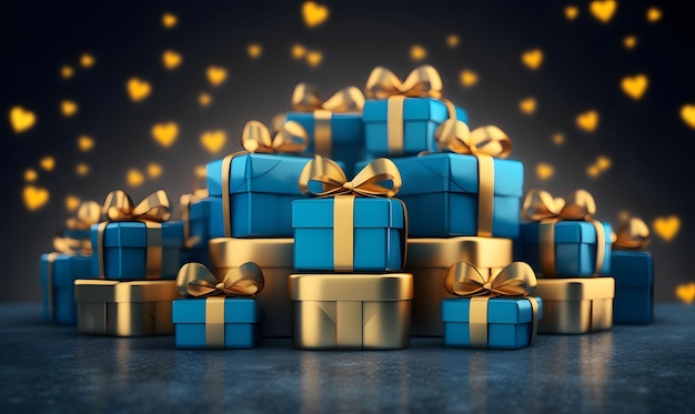 A Stack of Blue and Gold Gift Boxes Gift Packages Generative AI