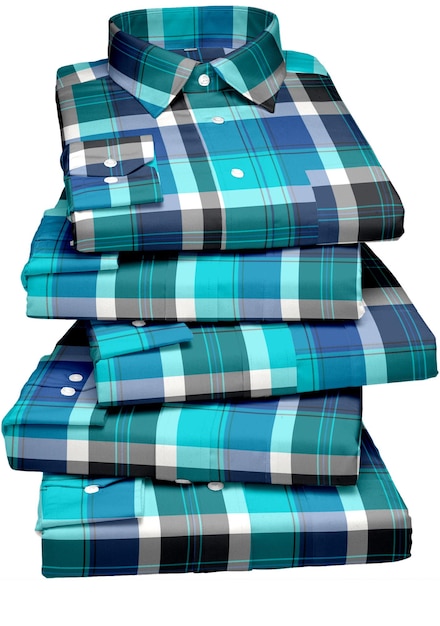 A stack of blue and green plaid shirts with the word men's on them.