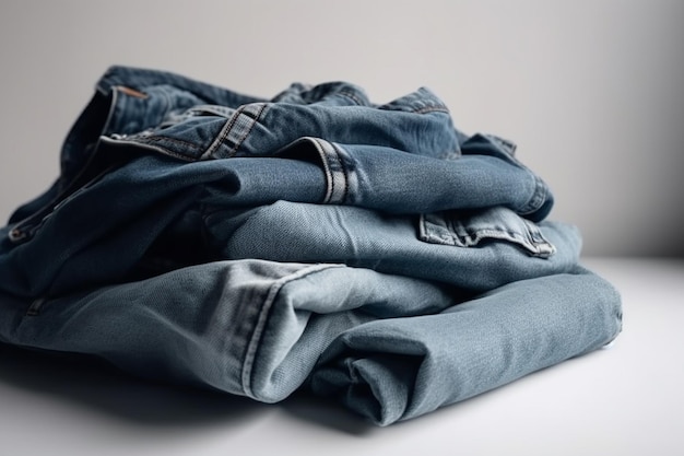 A stack of blue jeans on a white table