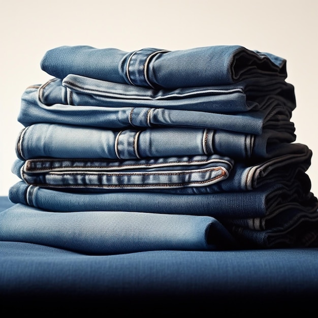 Photo a stack of blue jeans with one that says the word on the bottom