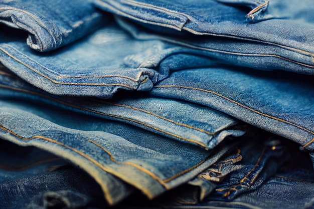 A stack of blue jeans with one of them showing the inside of the jeans