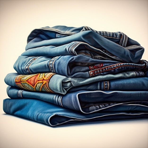 a stack of blue jeans with a red and white logo on the top.