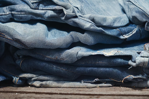 A stack of blue jeans with the word denim on the bottom