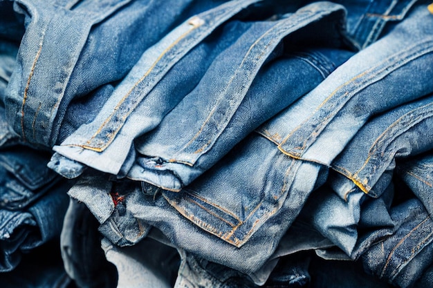 A stack of blue jeans with the word jeans on it