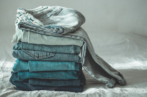 Stack of blue jeans