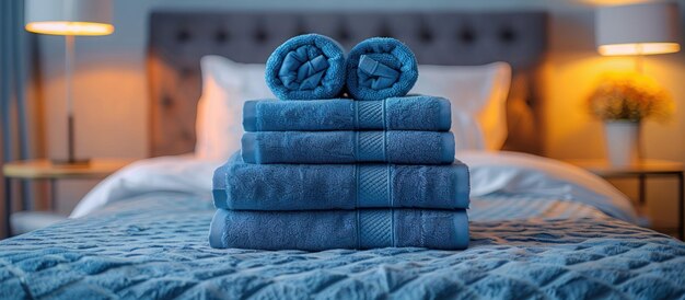 Stack of Blue Towels on Bed