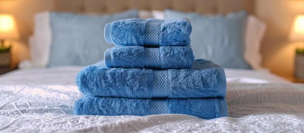 Stack of Blue Towels on Bed