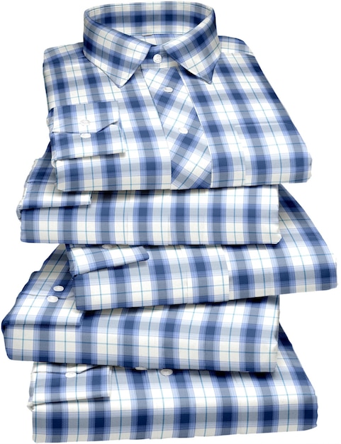 a stack of blue and white plaid shirts with a bow tie