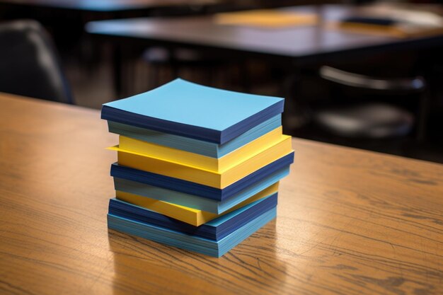 Stack of blue and yellow sticky notes on a table