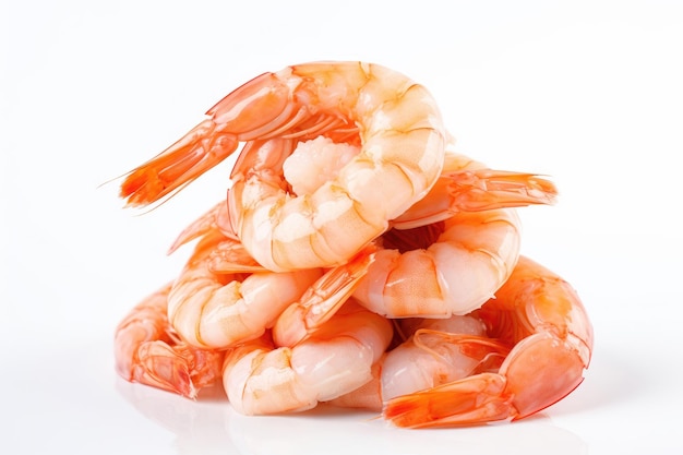 Stack of boiled shrimp on white background