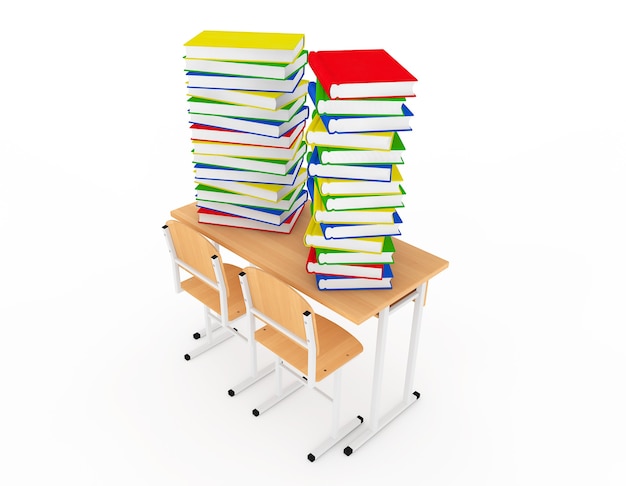 Stack of Book over School Desk on a white background