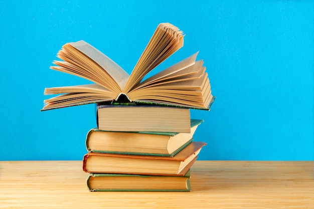 A stack of a book on the table.Copy space.