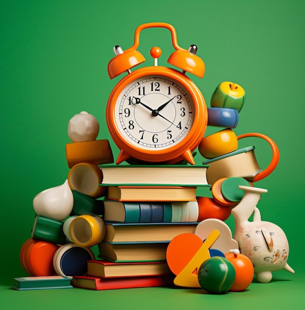 A stack of books and an alarm clock in a colorful background, education stock images