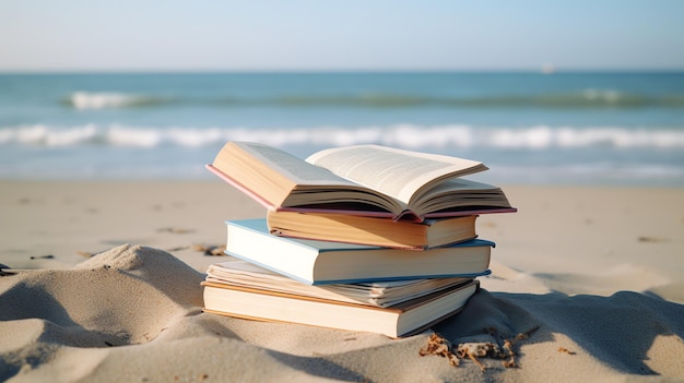 Foto una pila di libri su una spiaggia