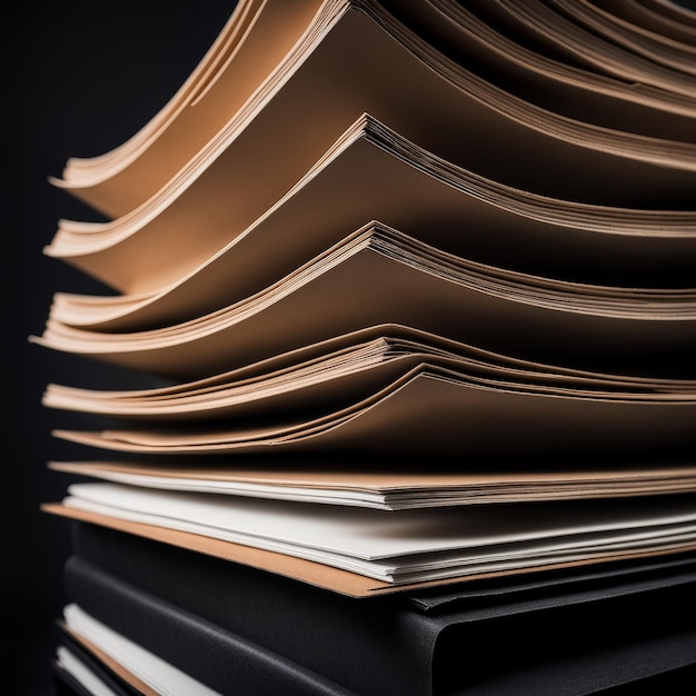Photo stack of books on black background closeup view education concept