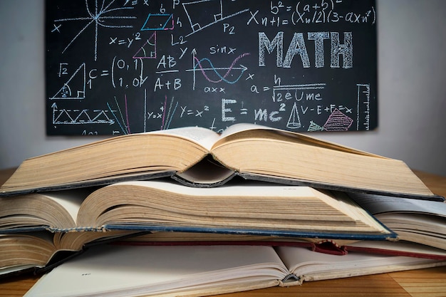 Stack of books on the blackboard background