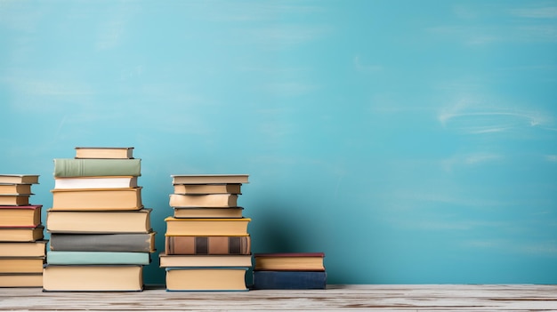 A stack of books Blue background