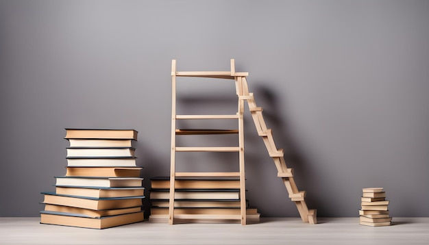 a stack of books by the ladder is made of wood and is standing on a table