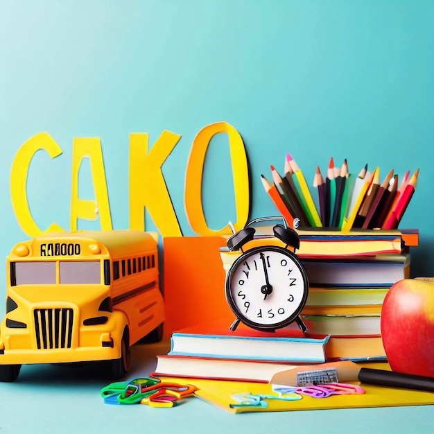 A stack of books, a clock, and a clock are on a table.