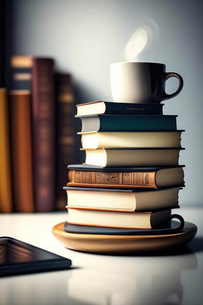Stack of books and coffee mug on white table Copy space