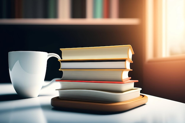 Stack of books and coffee mug on white table Copy space