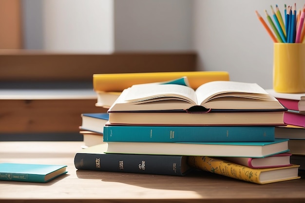 Photo stack of books on a desk for back to school