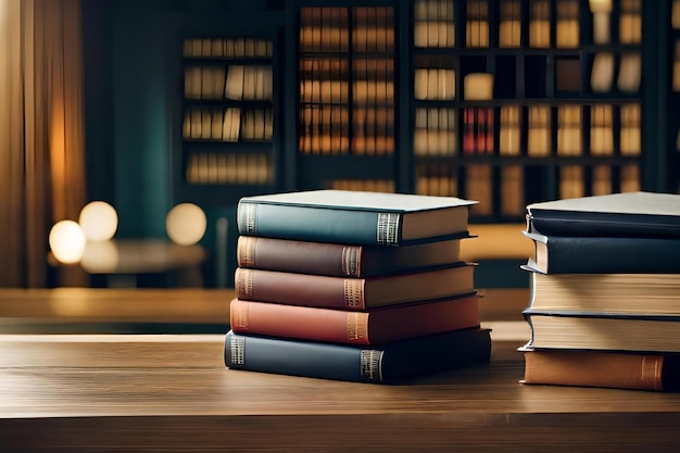 A stack of books on a desk in a library with a book on the top.