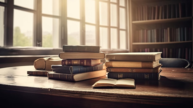 A stack of books on a desk with a book open to the left and a book open to the right